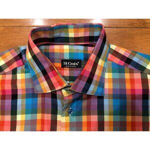 St Croix 100% Cotton Made In Italy Button Front Multi Colored Plaid Shirt Size L